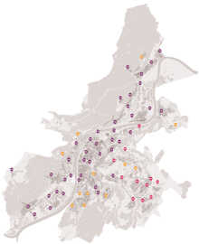 Die Stadtkarte zeigt alle bereits bestehenden (lila) und neuen (orange, rot) Sirenen.