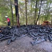 Im Quinter Wald stand ein Brennholzlager am Sonntag in Flammen. 30 Wehrleute rückten aus, um es zu löschen. Foto: Presseamt/Ernst Mettlach