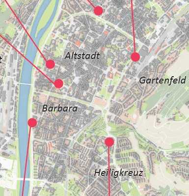 Ausschnitt einer Karte: Auf dem Stadtplan von Trier sind einzelne pinke Punkte markiert.