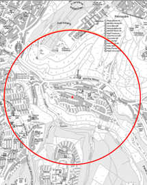 Die Karte zeigt den 1000 Meter-Umkreis um den Fundort der Bombe Auf der Hill in Olewig, der evakuiert werden muss. 