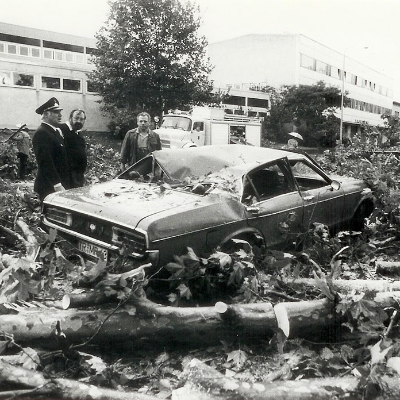 Auf der Straße vor der Feuerwache 1 liegen zahlreiche Baumstämme und Äste. Drei Menschen begutachten ein Auto, das zwischen den umgefallenen Bäumen liegt.