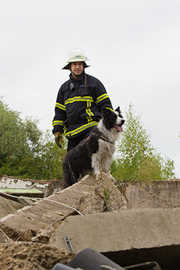 Feuerwehrmann Michael Benedum mit einem Suchhund während einer Übung.