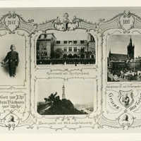 Schwarz-weiß Foto: Karte mit verschiedenen Motiven anlässlich des 50-jährigen Jubiläums der Trierer Wehr.